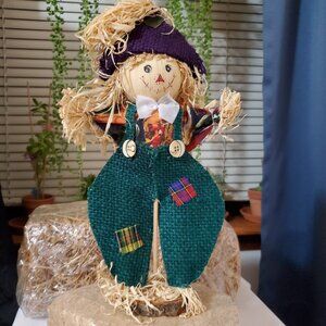 Vintage Autumn, Fall Harvest 10” Colorful Scarecrow on Wooden Stand